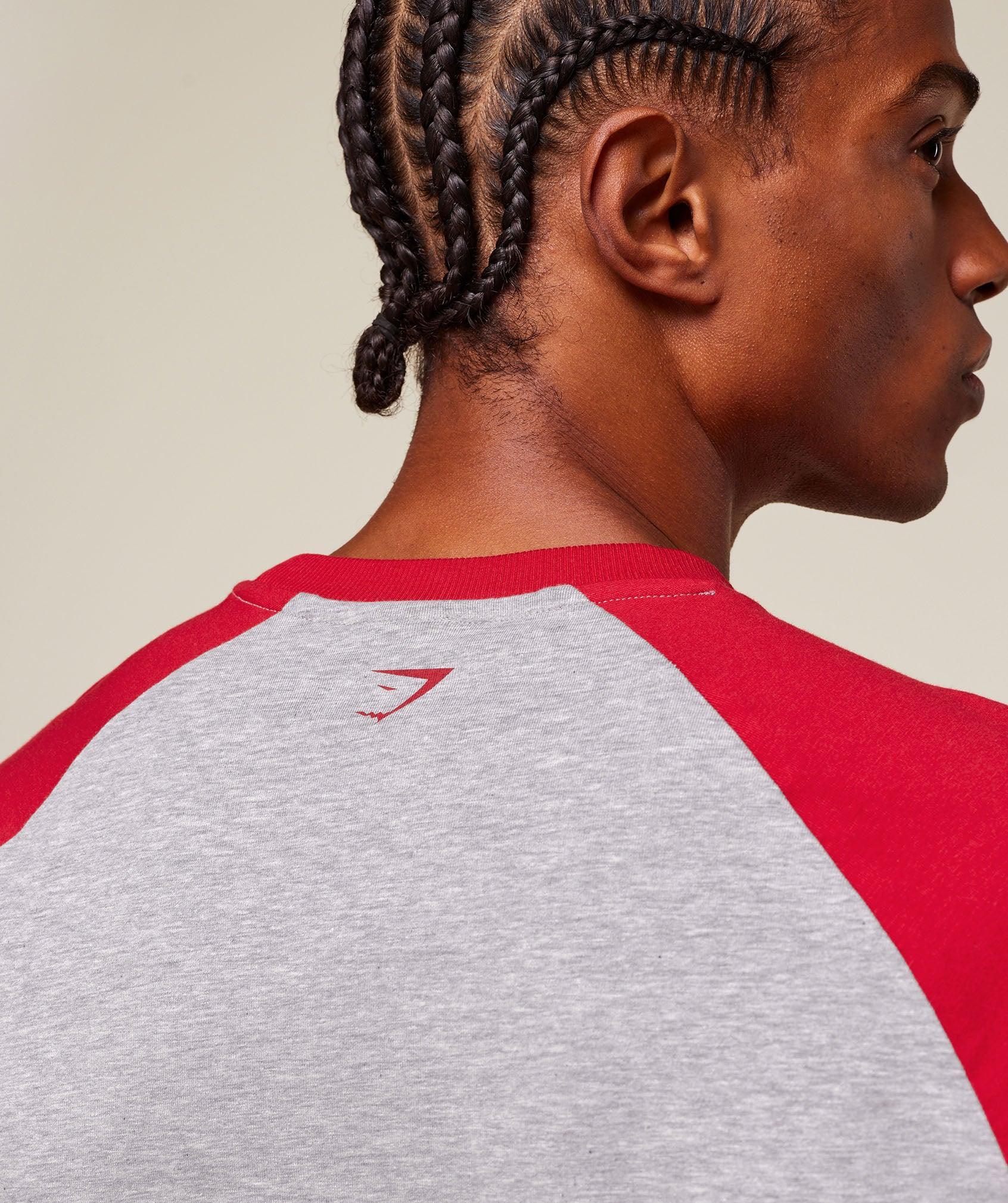 Gymshark GSLC Raglan 3/4 Sleeve T-Shirt - Light Grey Core Marl/Conditioning Red Male Product Image