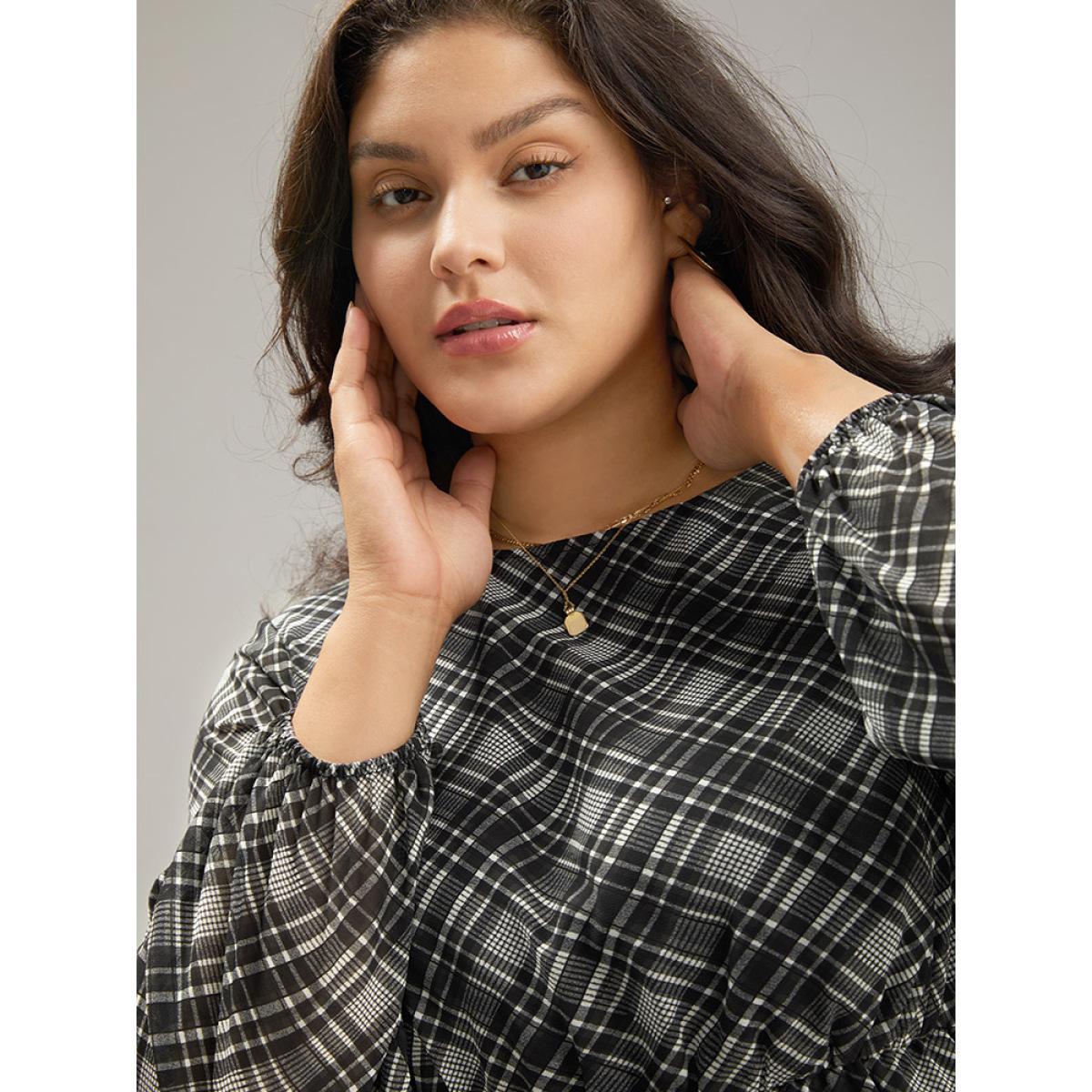 Plus Size Black Plaid Chiffon Lantern Sleeve Hanky Hem Blouse Women Office Long Sleeve Round Neck Work Blouses BloomChic 12/L Product Image