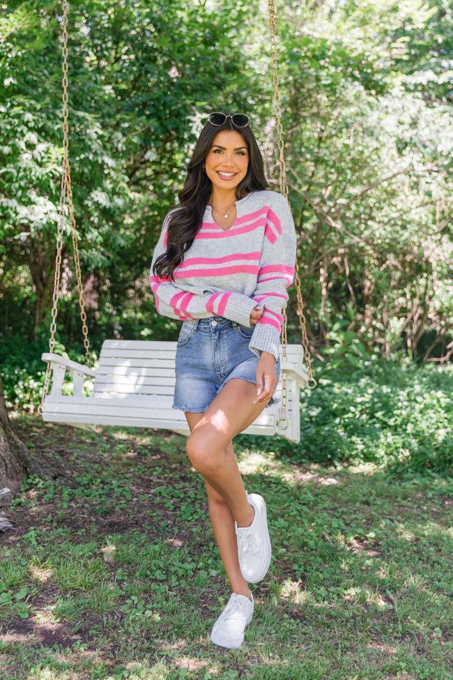 Sweet Affection Grey And Fuchsia Striped Notched Neck Sweater FINAL SALE Product Image