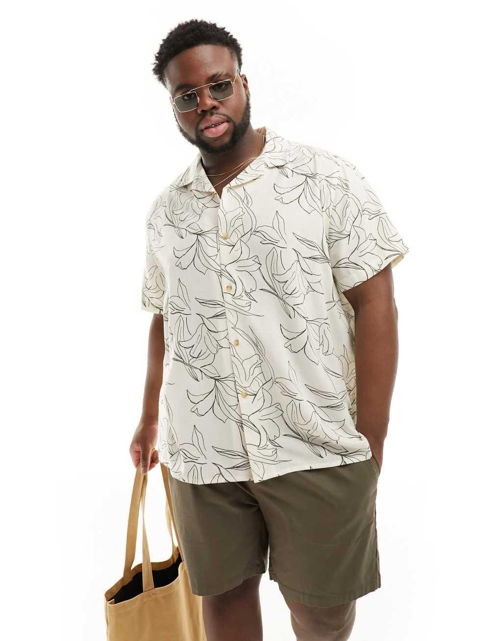 ASOS DESIGN relaxed revere beachy shirt in line drawn lily print in ecru  Product Image
