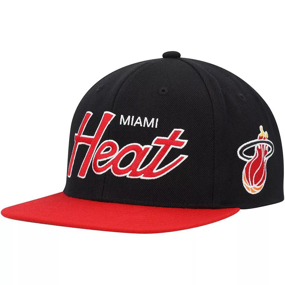 Men's Mitchell & Ness Black Miami Heat Hardwood Classics MVP Team Script 2.0 Snapback Hat Product Image