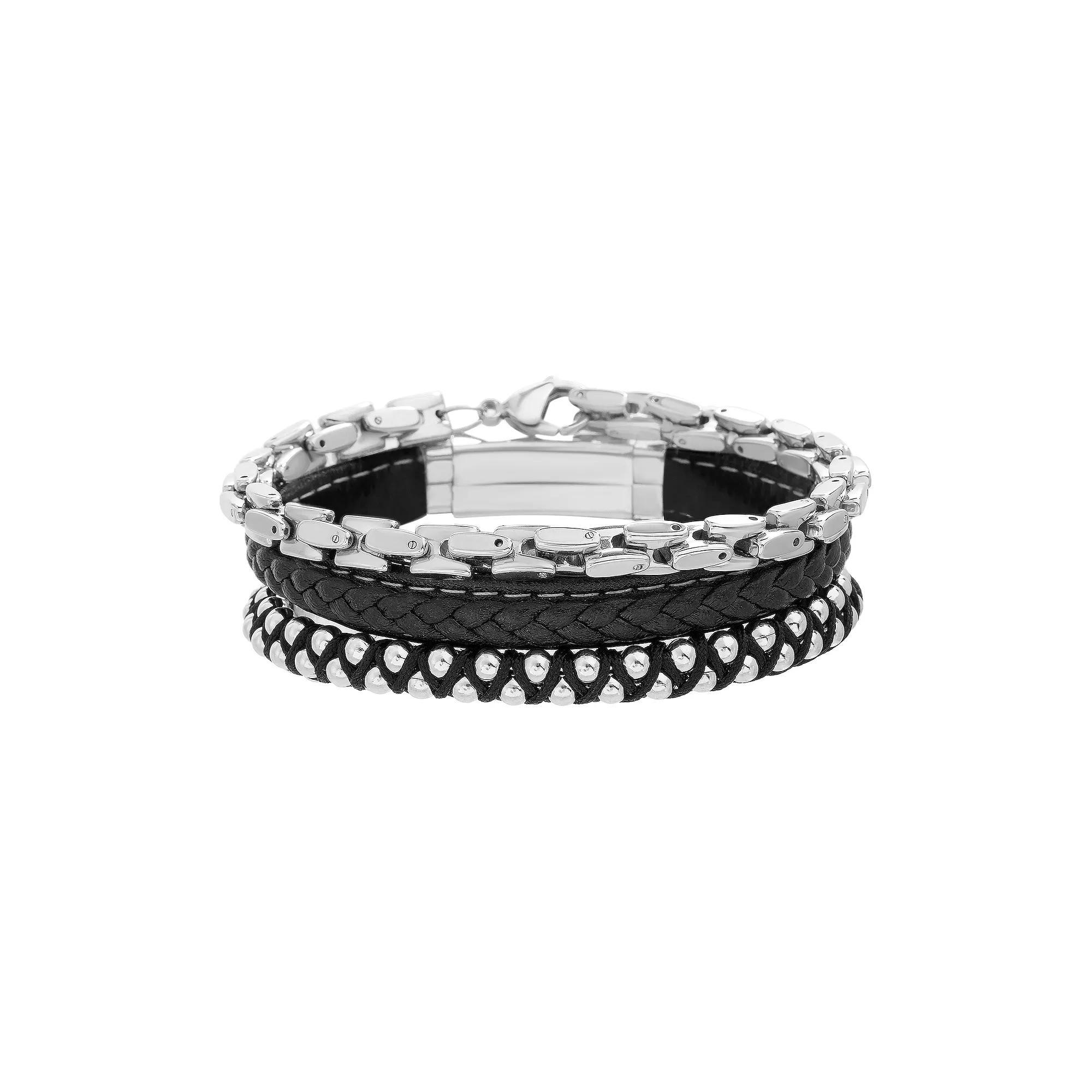 1913 Mens 3-pc. Leather & Stainless Steel Bracelet Trio Set Product Image