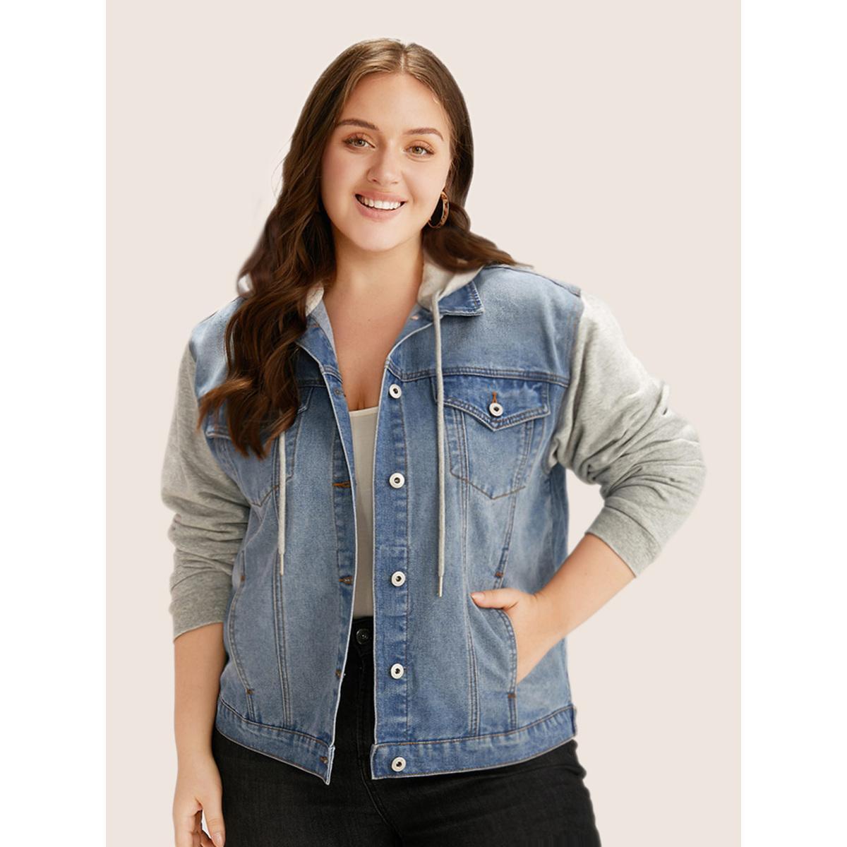 Women Hooded Patchwork Flap Pocket Denim Jacket Stone Plus Size Plain Contrast Everyday Slanted pocket Casual Denim Jackets BloomChic 26/4X Product Image