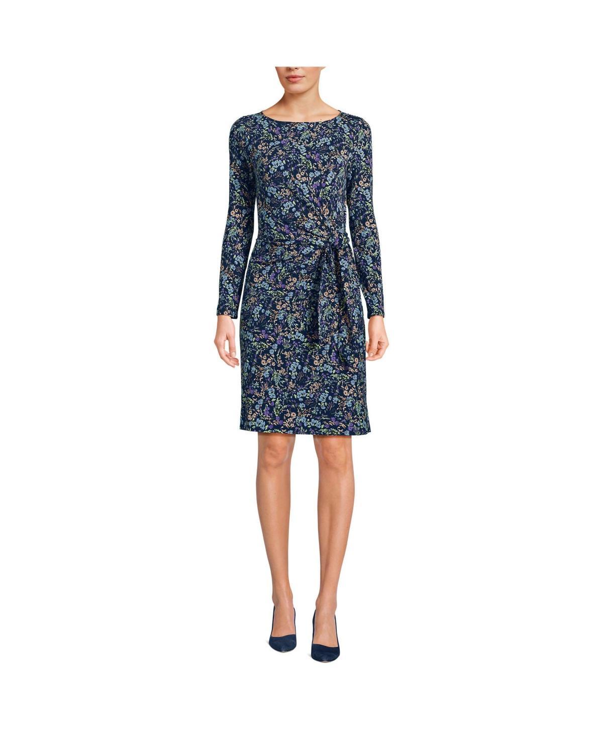 Women's Lands' End Long Sleeve Boatneck Tie-Waist Mini Dress, Size: Medium, Green Dot Floral Product Image