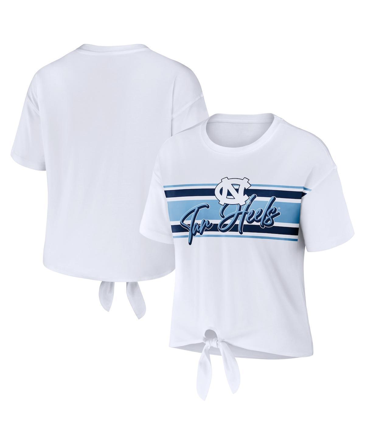 Women's WEAR by Erin Andrews White North Carolina Tar Heels Striped Front Knot Cropped T-Shirt, Size: XL Product Image