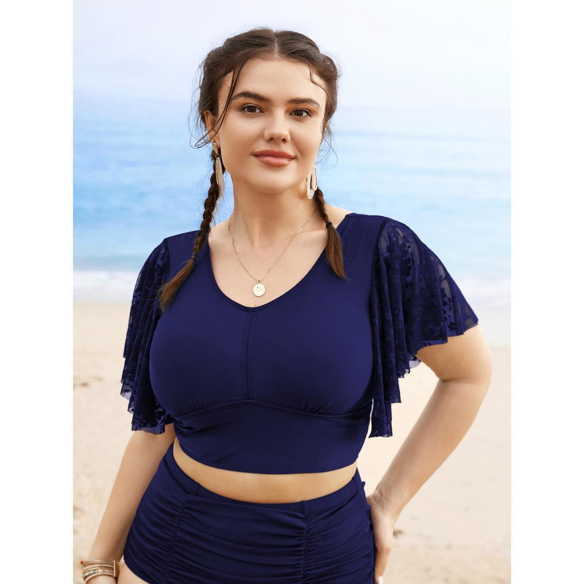 Plus Size U Neck Crochet Lace Mesh Swim Top Women's Swimwear Deeppurplered Beach Texture High stretch Skinny U-neck Curve Swim Tops BloomChic 28/5X Product Image