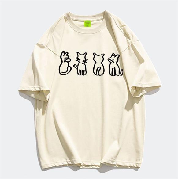 Short Sleeve Crew Neck Cat Print Oversized T-Shirt Product Image