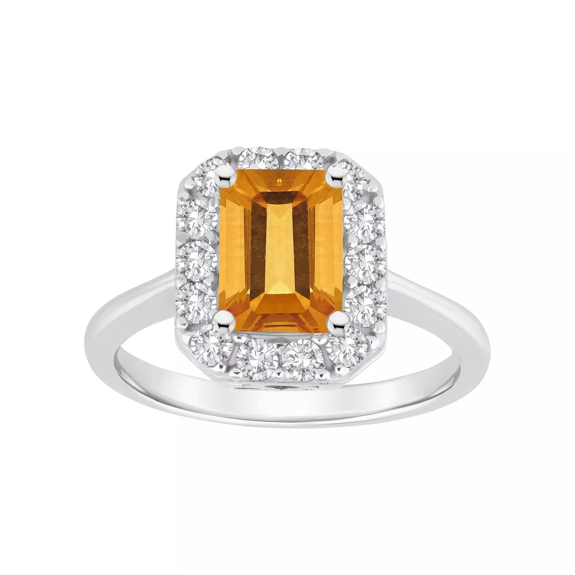 Celebration Gems Sterling Silver Emerald Cut Gemstone Halo Ring, Women's, Size: 7, Citrine Product Image