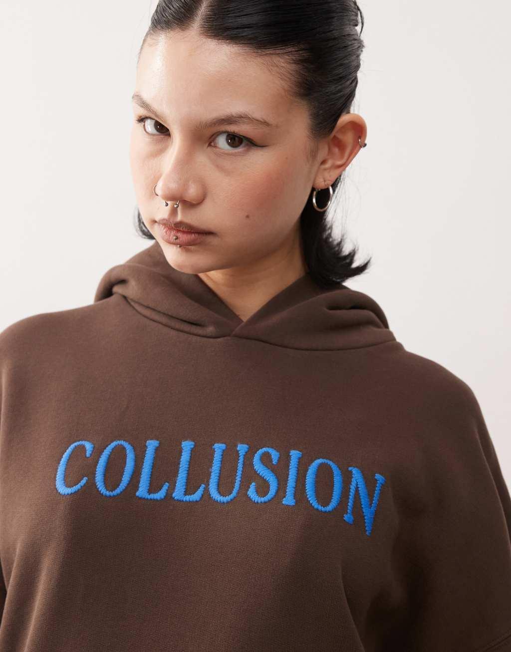COLLUSION heavyweight embroidered logo hoodie in brown Product Image