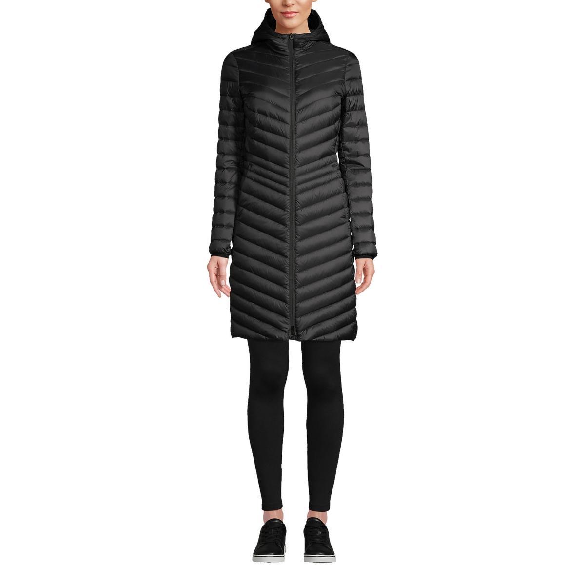 Women's Lands' End Hooded Wanderweight Ultralight Packable Long Down Coat, Size: Medium Tall, Black Product Image