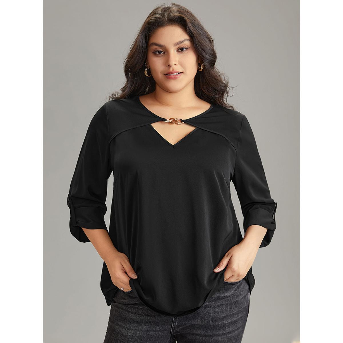 Plus Size Black Static-Free Plain Keyhole Chain Detail Blouse Women Office Long Sleeve Keyhole Cut-Out Work Blouses BloomChic 30/6X Product Image