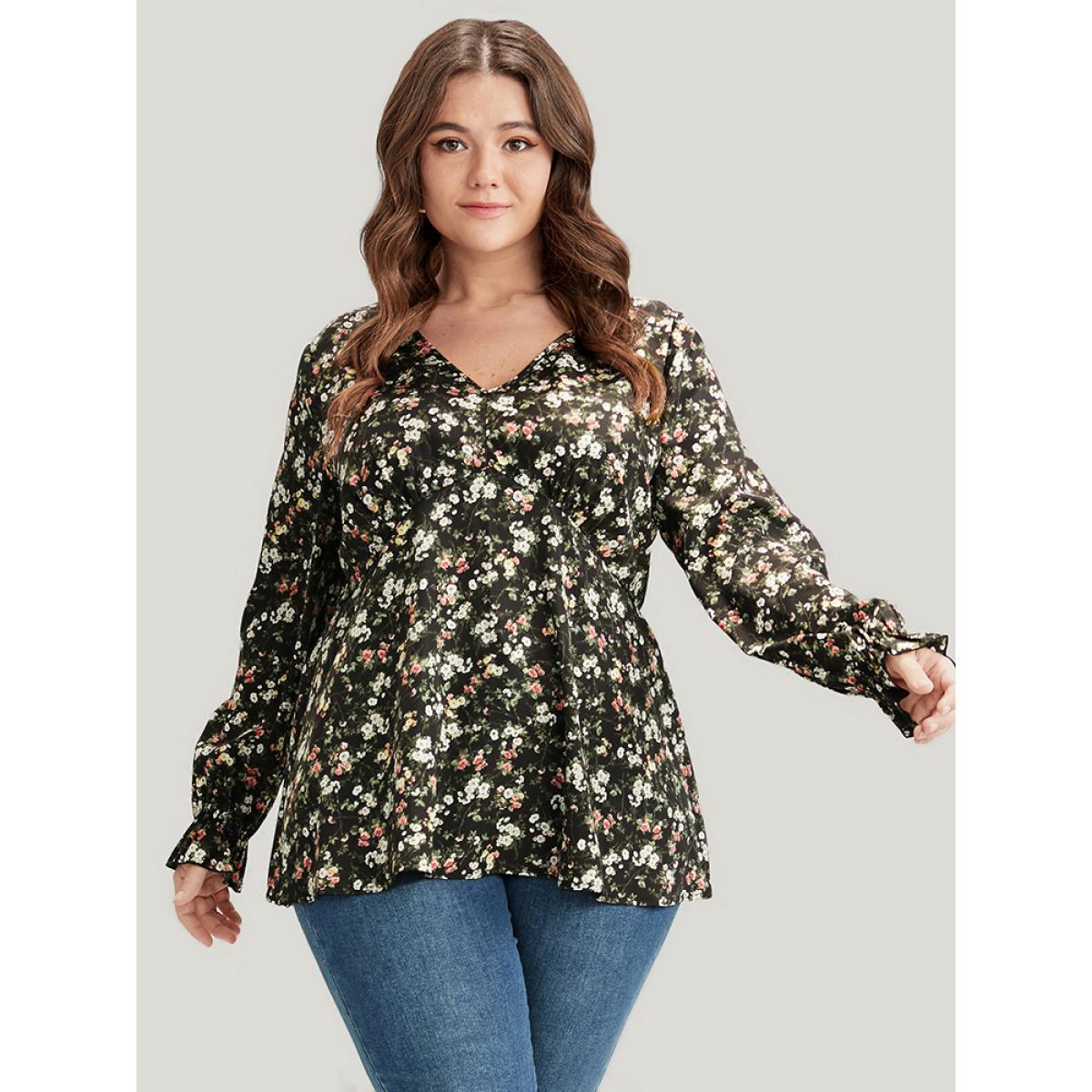 Plus Size Black Floral V Neck Lantern Sleeve Ruffles Blouse Women Elegant Long Sleeve V-neck Dailywear Blouses BloomChic 28/5X Product Image