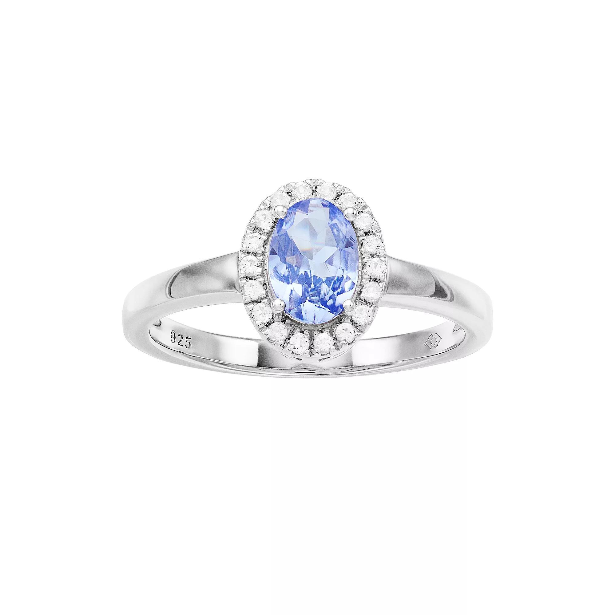 Womens 7mm X 5mm Oval Genuine Tanzanite with Topaz Halo Ring in Sterling Silver Ring Product Image