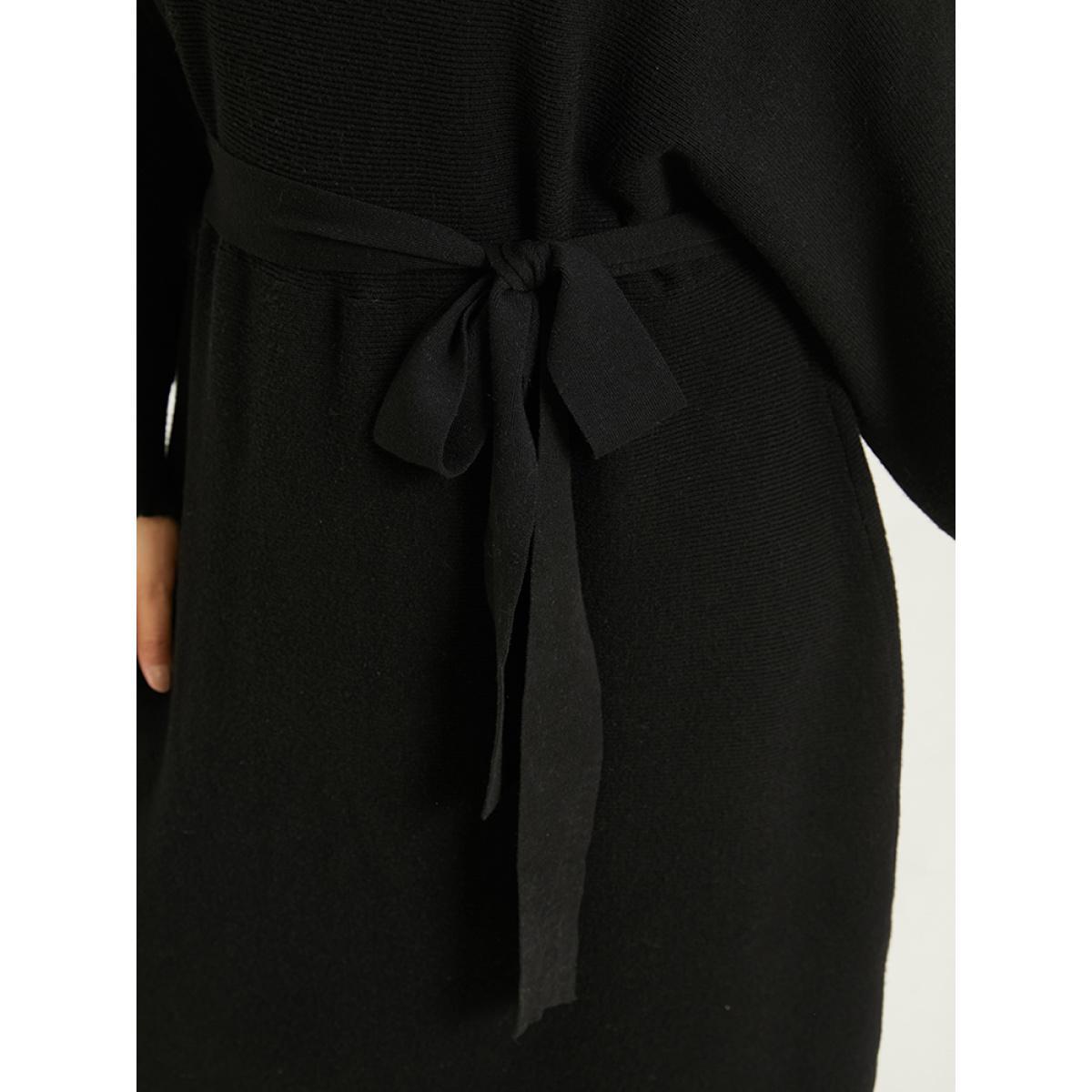 Plus Size Supersoft Essentials Boat Neck Belted Sweater Dress Black Women Casual Long Sleeve Everyday Sweater Dresses BloomChic 12/L Product Image