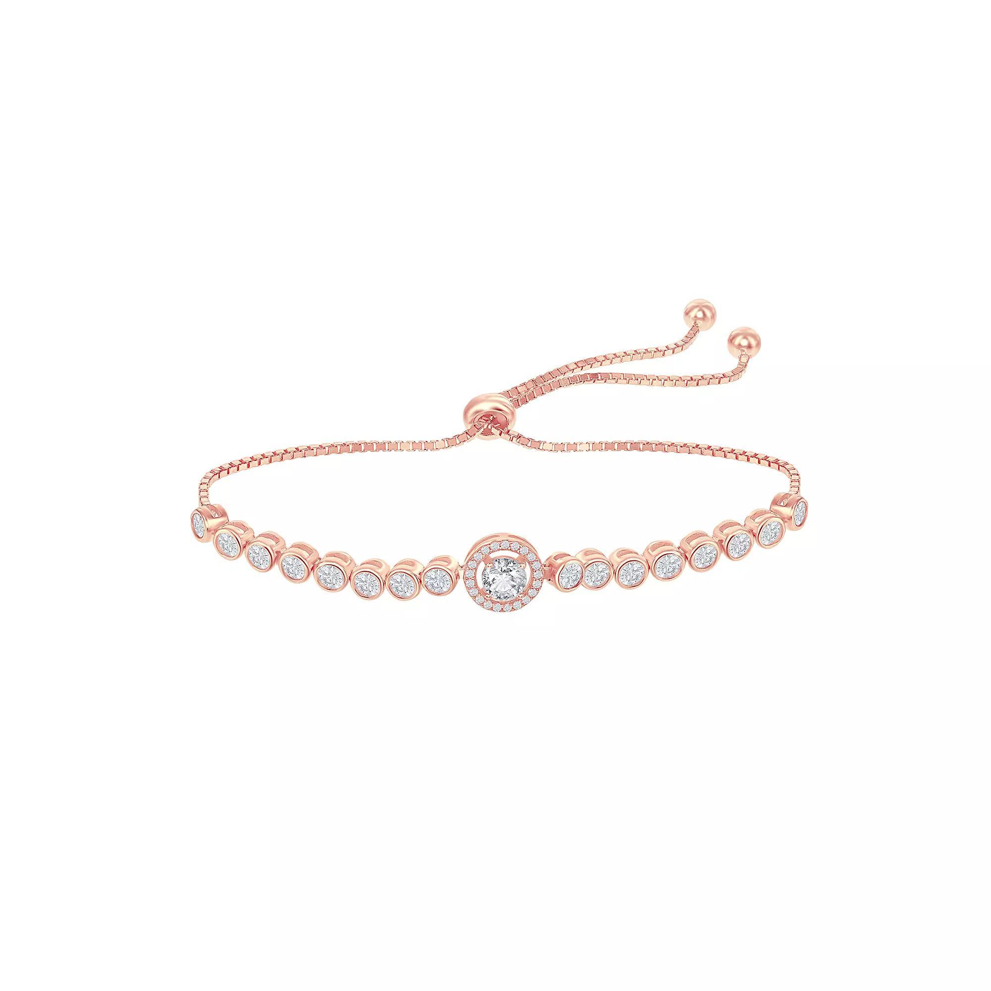 Sterling Silver Round Halo Cubic Zirconia Bolo Bracelet, Women's, Size: 8", 14k Rose Gold Plated Product Image