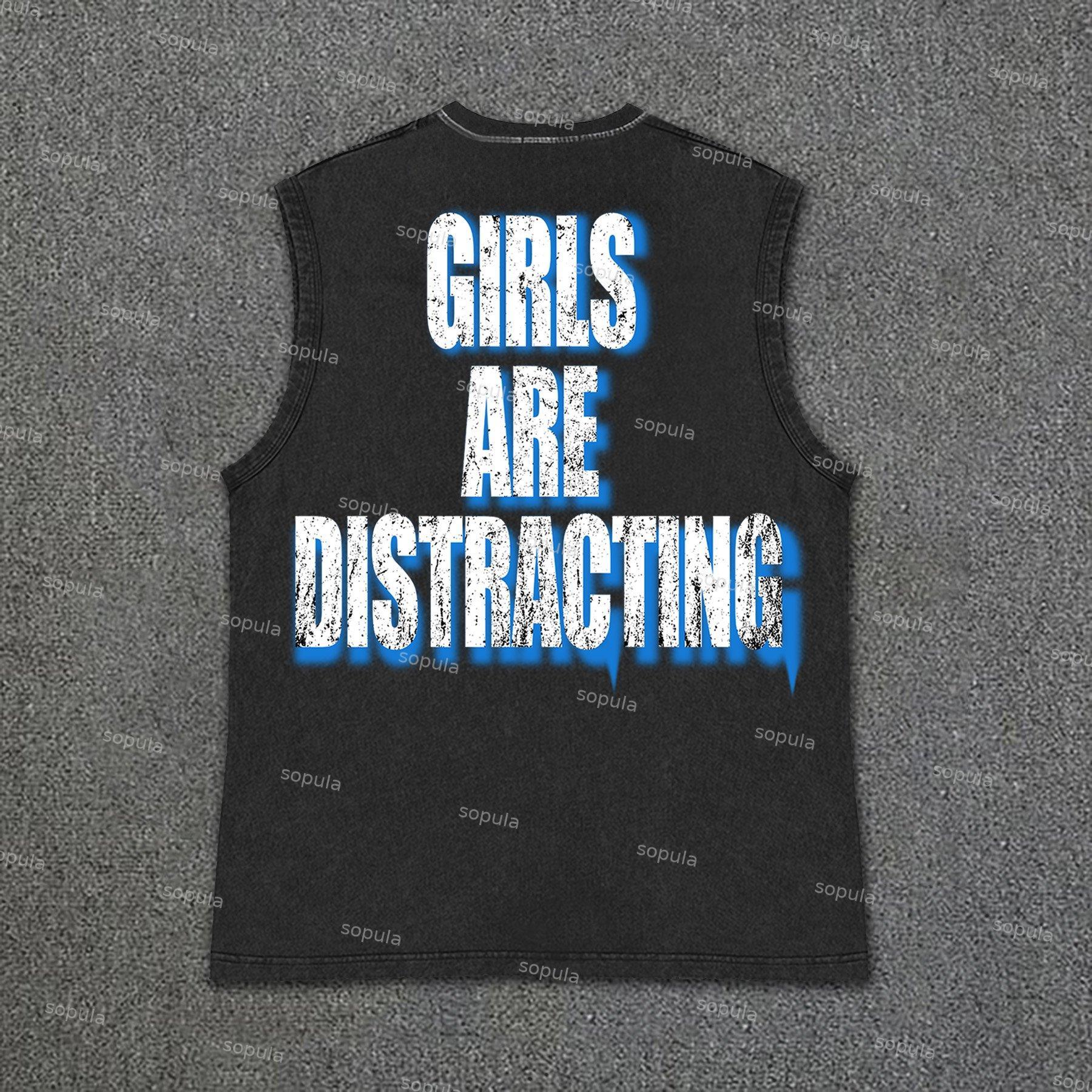 Men's Girls Will Distract Attention Print Vintage Wash Sleeveless Tank Top Product Image