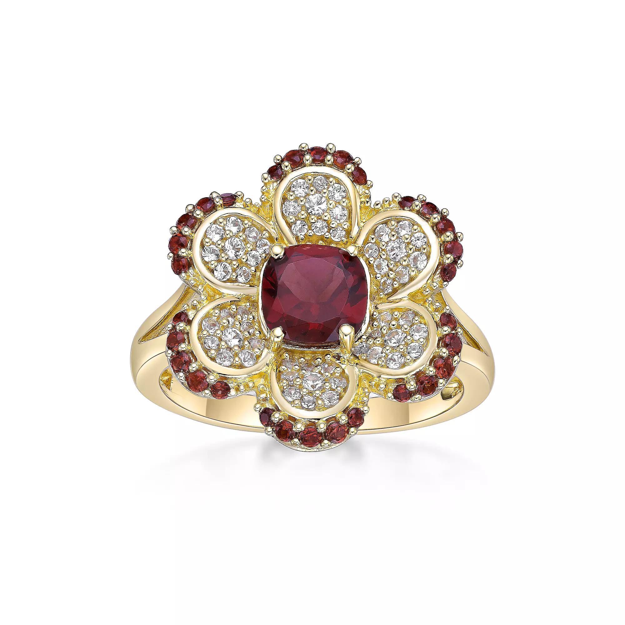 Gemminded 2 Micron Gold Over Silver Garnet & Lab-Created White Sapphire Flower Ring, Women's, Size: 5, Gold Tone Product Image