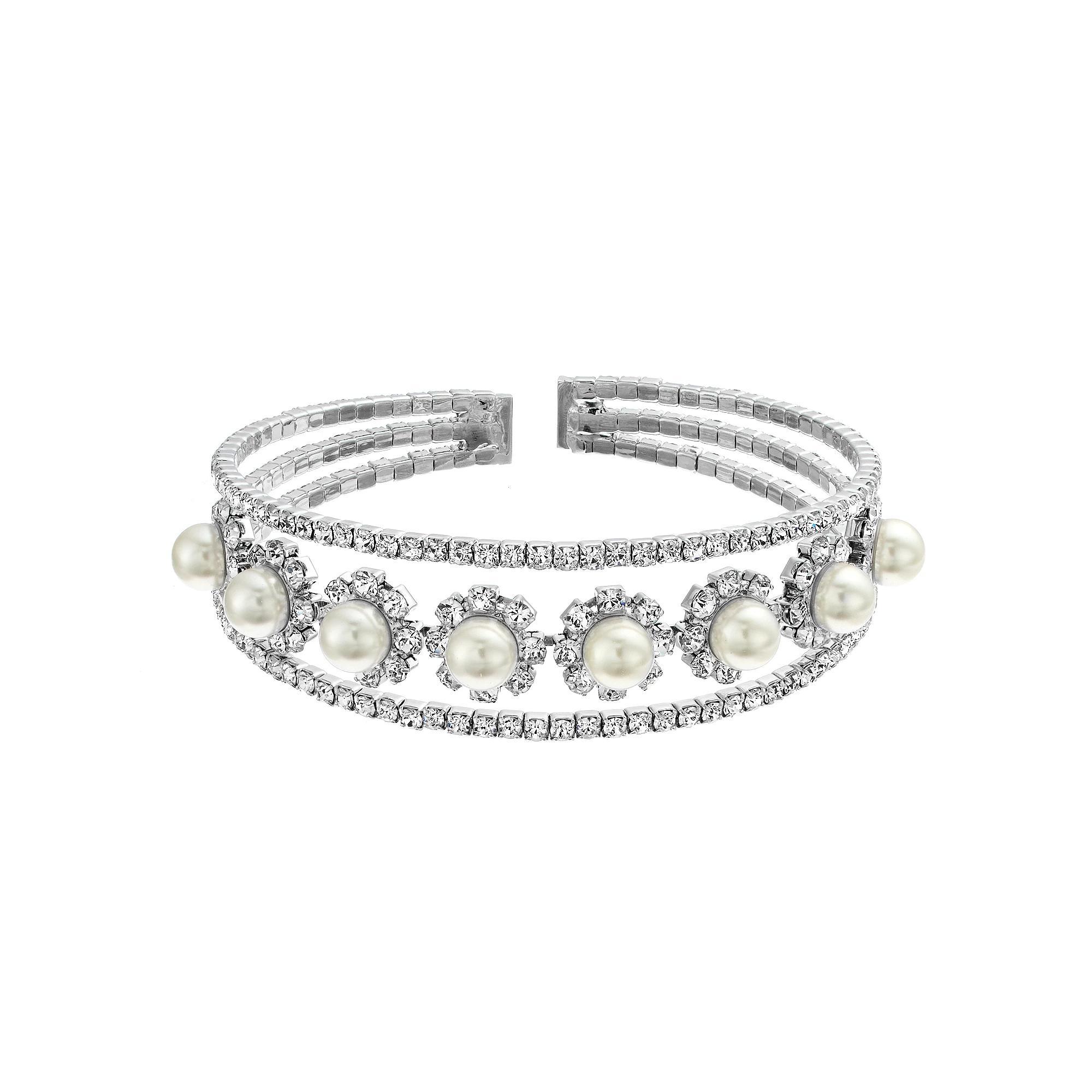 Vieste Crystal & Pearl Nickel Free Drama Cuff Bracelet, Women's, Silver Tone Product Image