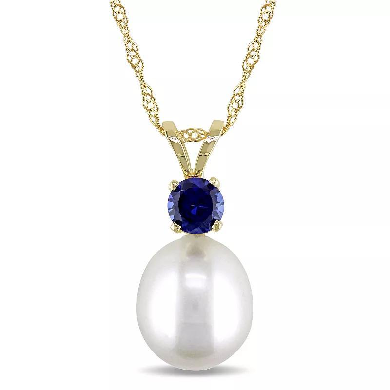Stella Grace 14k Gold Freshwater Cultured Pearl and Sapphire Pendant Necklace, Womens Product Image