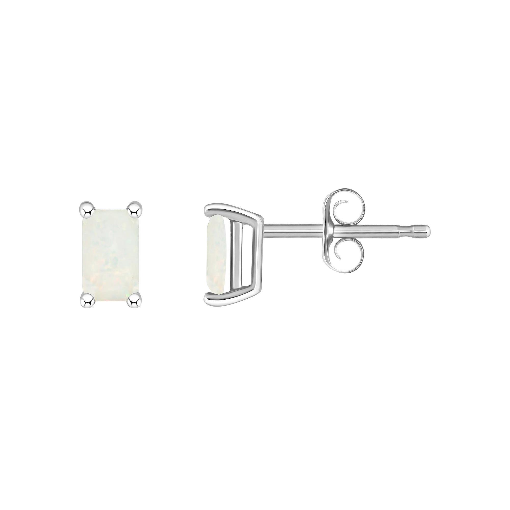 14k White Gold Emerald Cut Birthstone Stud Earrings, Women's, White Opal Oct Product Image