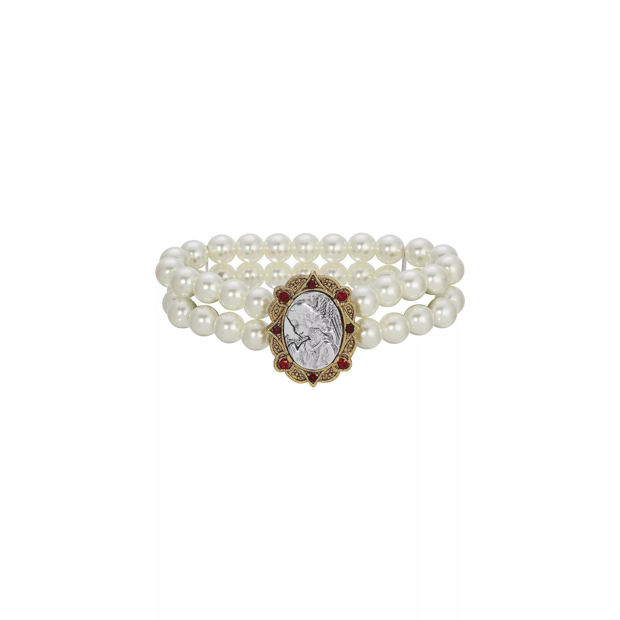 Symbols of Faith Simulated Pearl Bracelet With Red Crystals & Silver Tone Angel, Womens Product Image