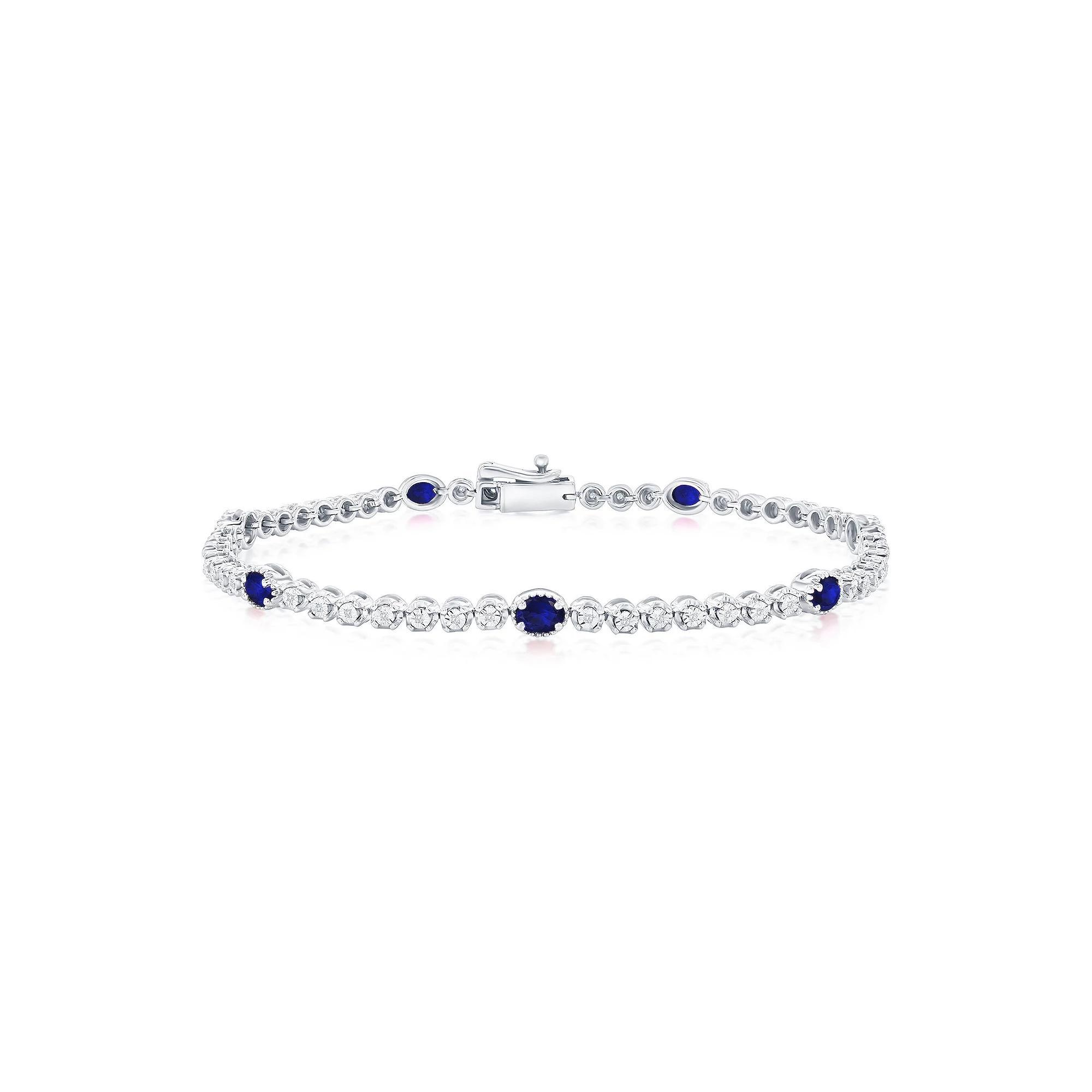 Divine Gold Sterling Silver Lab-Created Sapphire & 1/10 Carat T.W. Diamond Tennis Bracelet, Women's, Size: 7.5" Product Image