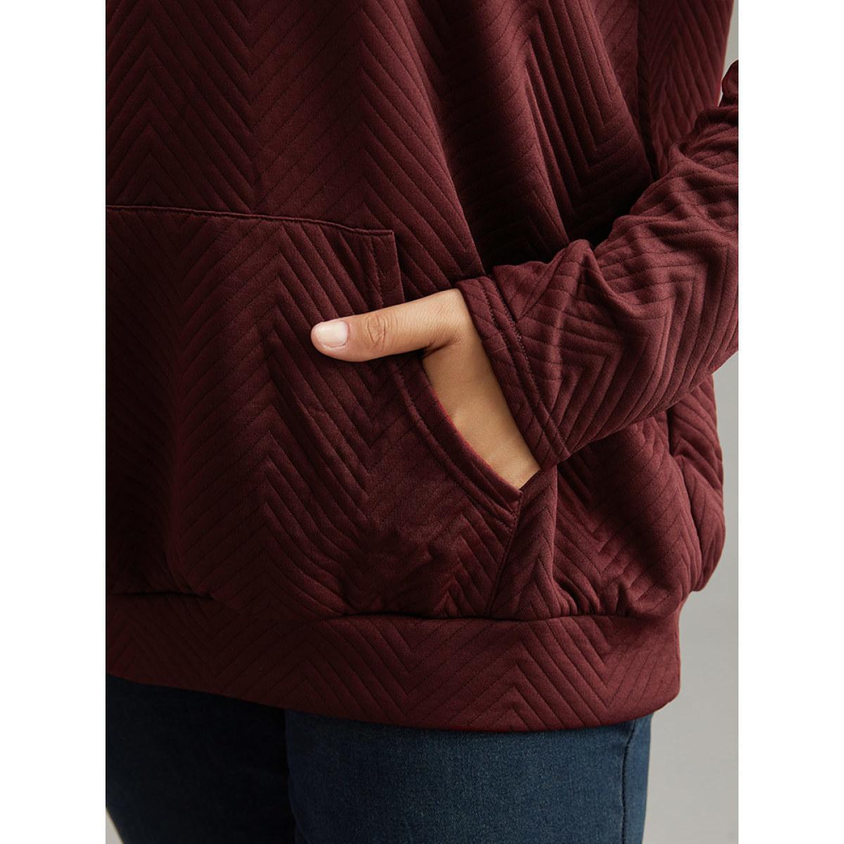 Plus Size Solid Plisse Pocket Button Up Sweatshirt Women Burgundy Casual Texture Polo Dailywear Sweatshirts BloomChic 18-20/2X Product Image