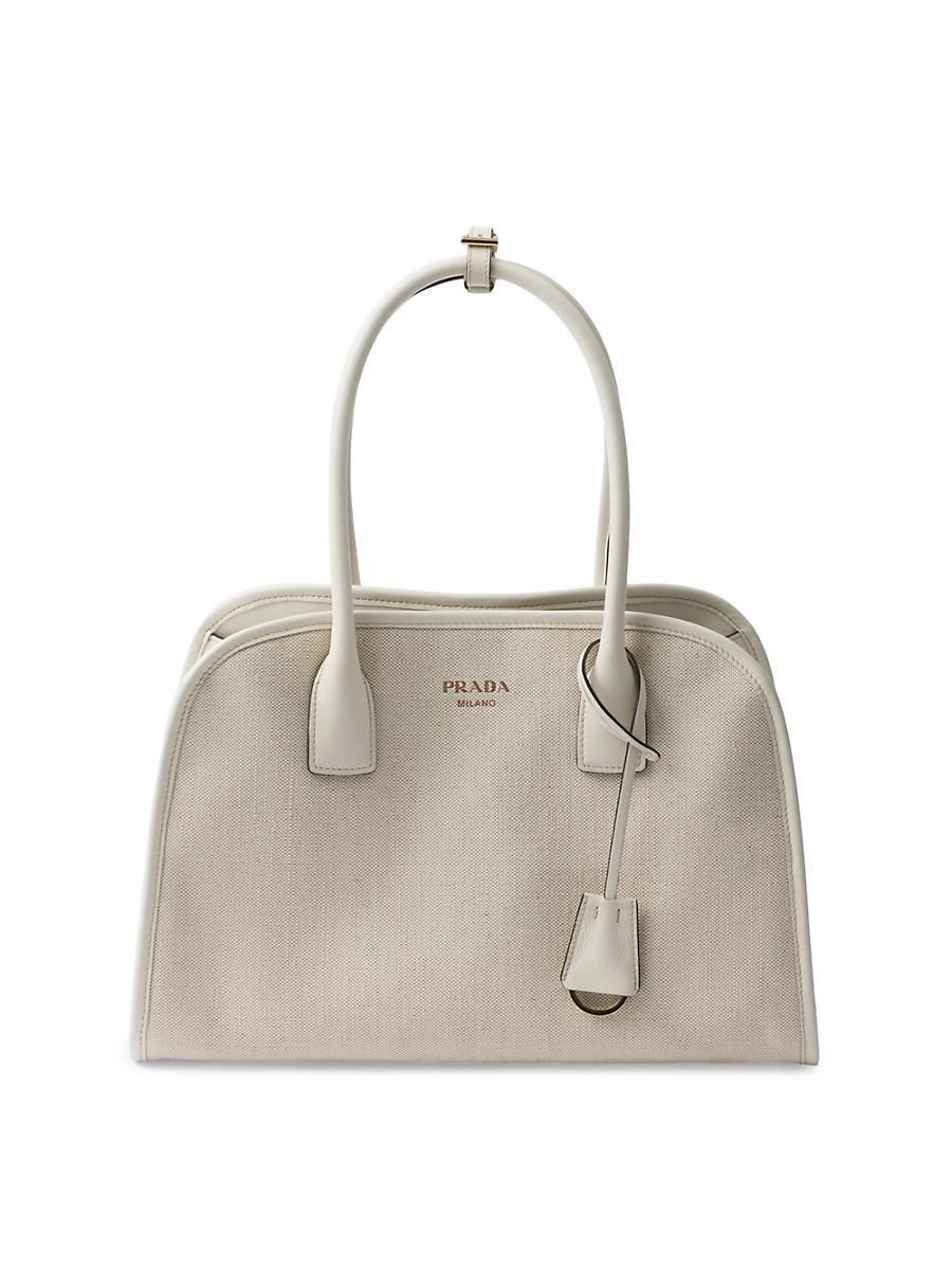 Womens Medium Linen Blend and Leather Tote Bag Product Image