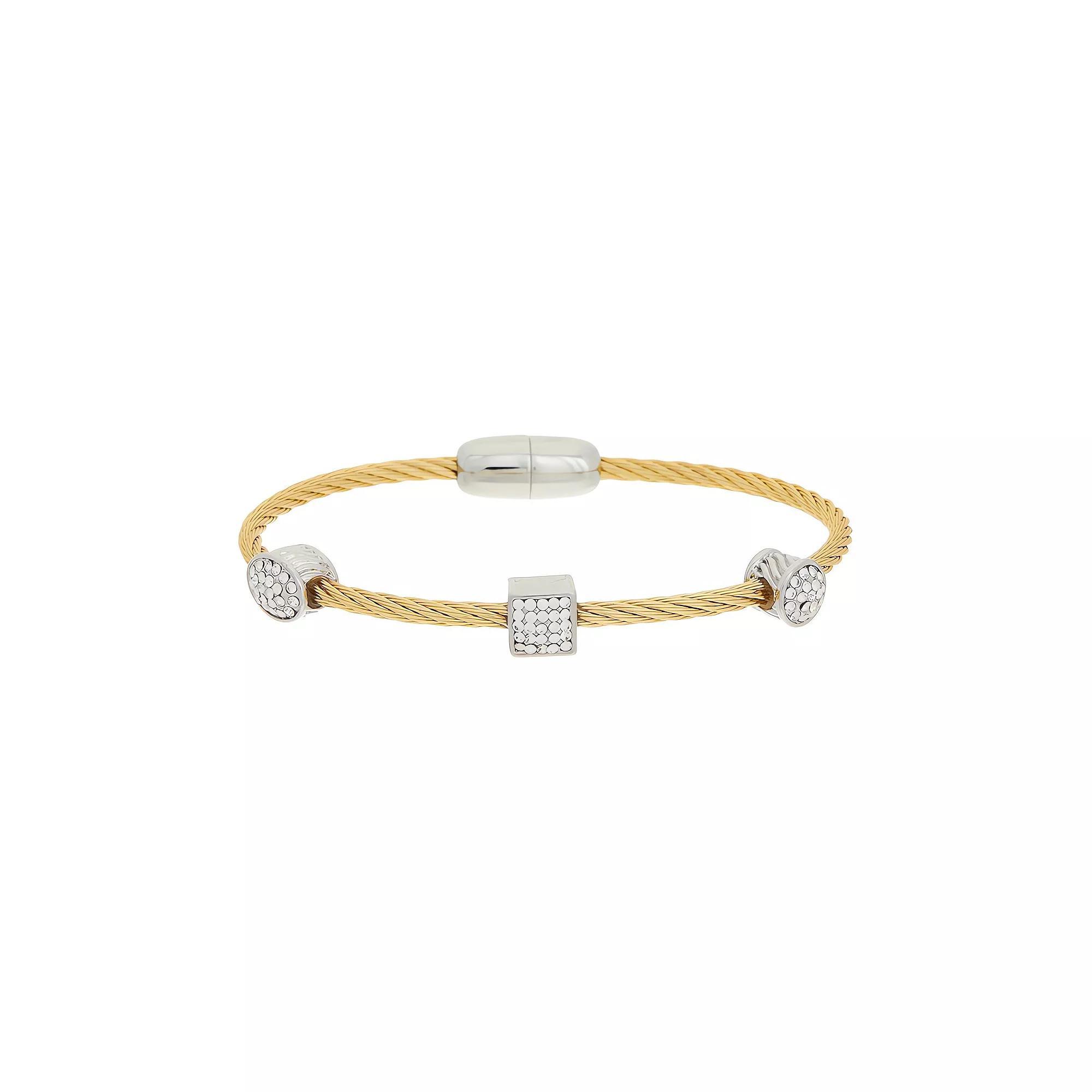 Juvell Two Tone 18k Gold Plated Geometric Bead Cubic Zirconia Bangle Bracelet, Women's, Size: 7", Gold Tone Product Image