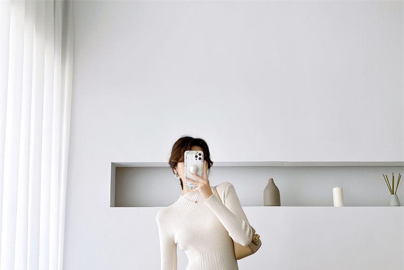 Long-Sleeve Mock Neck Plain Ribbed Midi A-Line Knit Dress Product Image