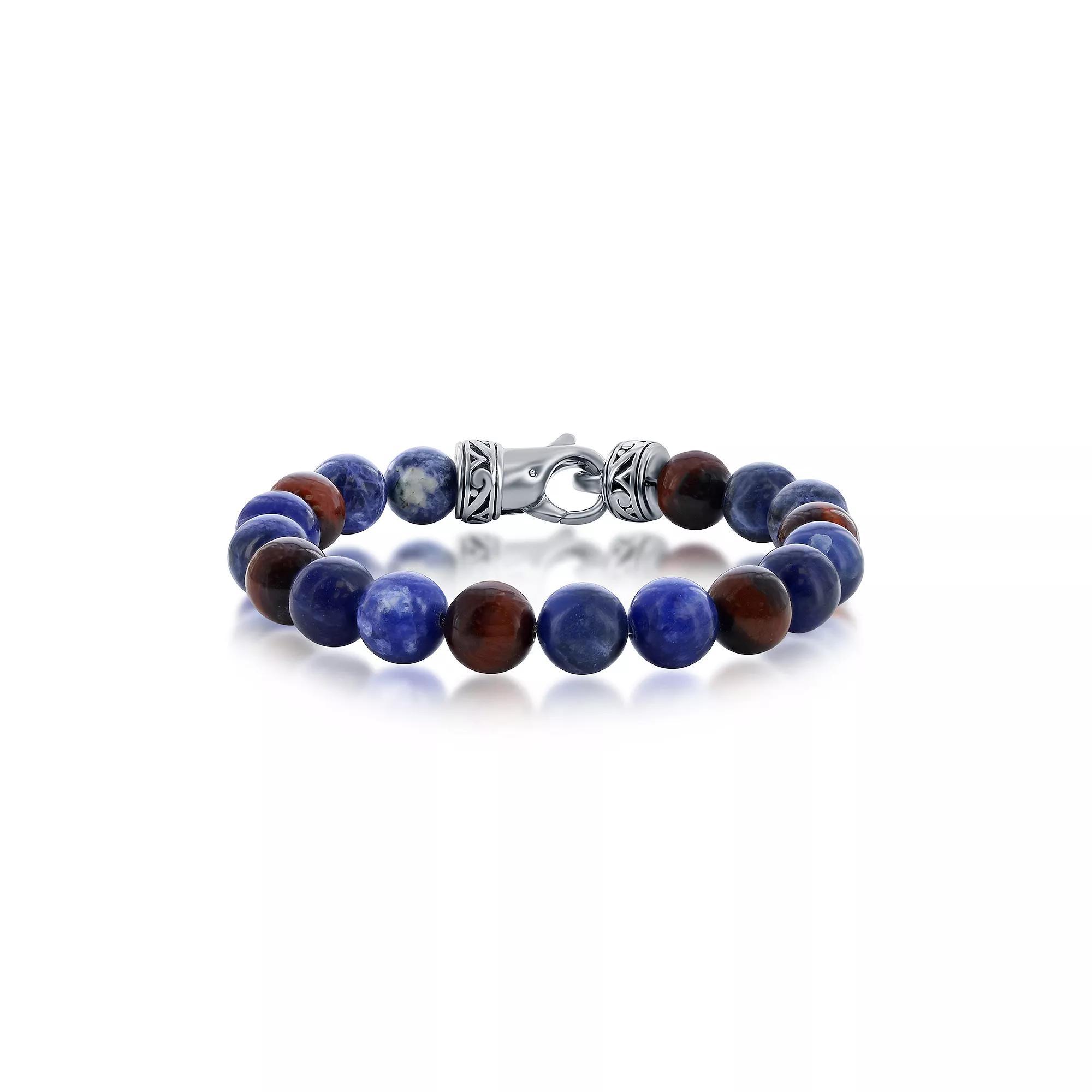 Mens Metallo Stainless Steel Red Tiger Eye & Sodalite Bead Bracelet Product Image