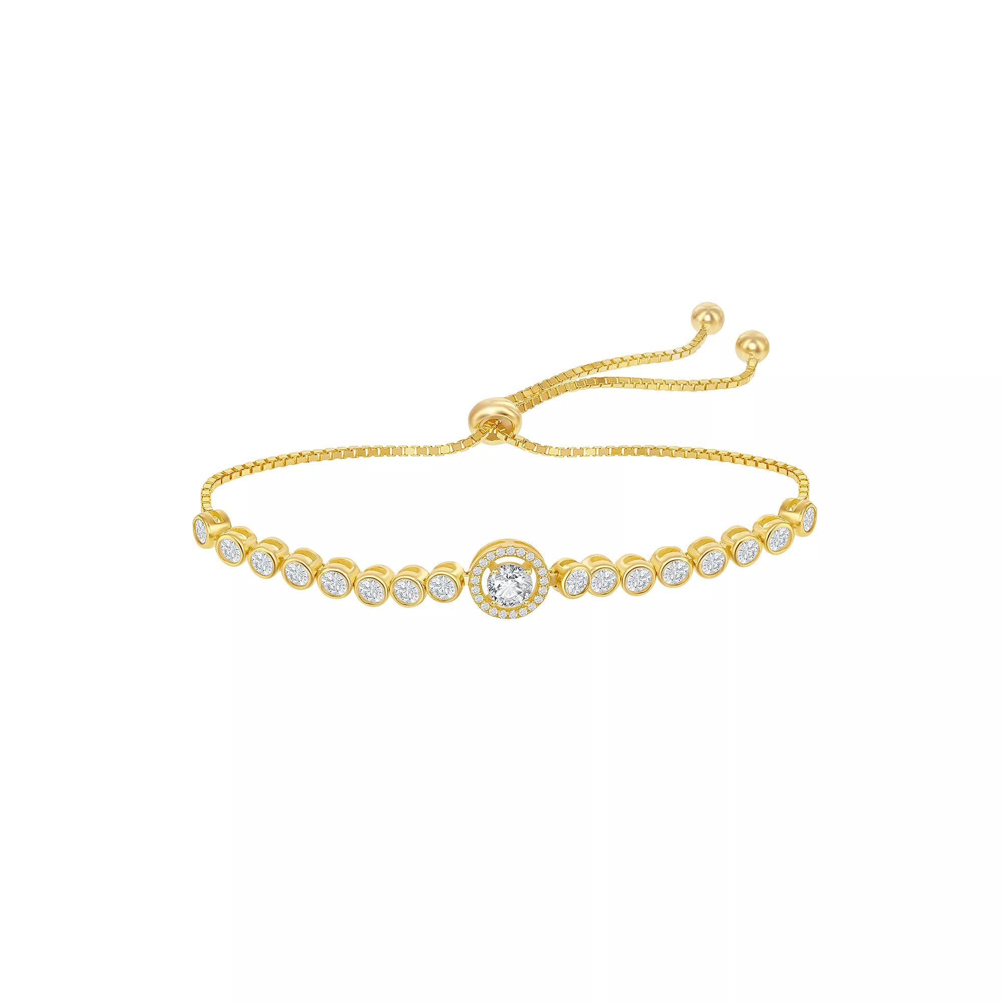 Sterling Silver Round Halo Cubic Zirconia Bolo Bracelet, Women's, Size: 8", 14k Gold Plated Product Image