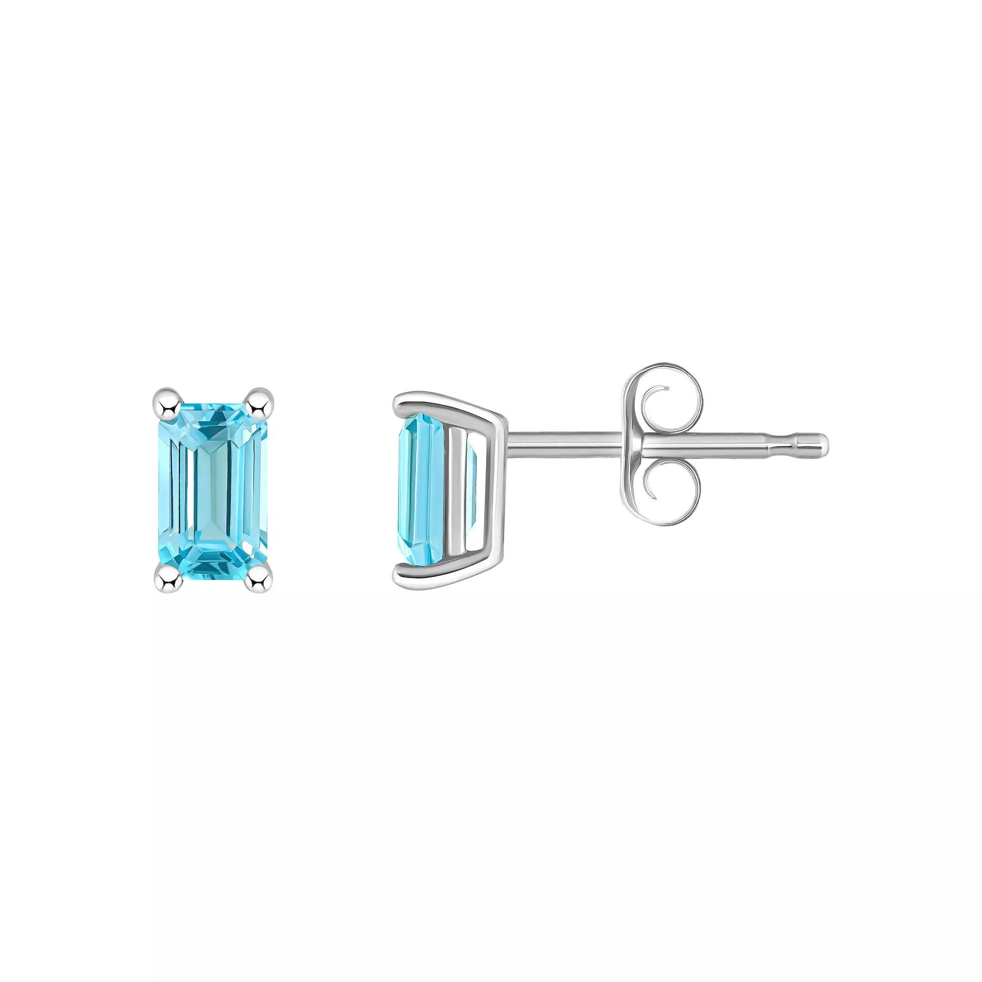 14k White Gold Emerald Cut Birthstone Stud Earrings, Women's, Blue Topaz Dec Product Image