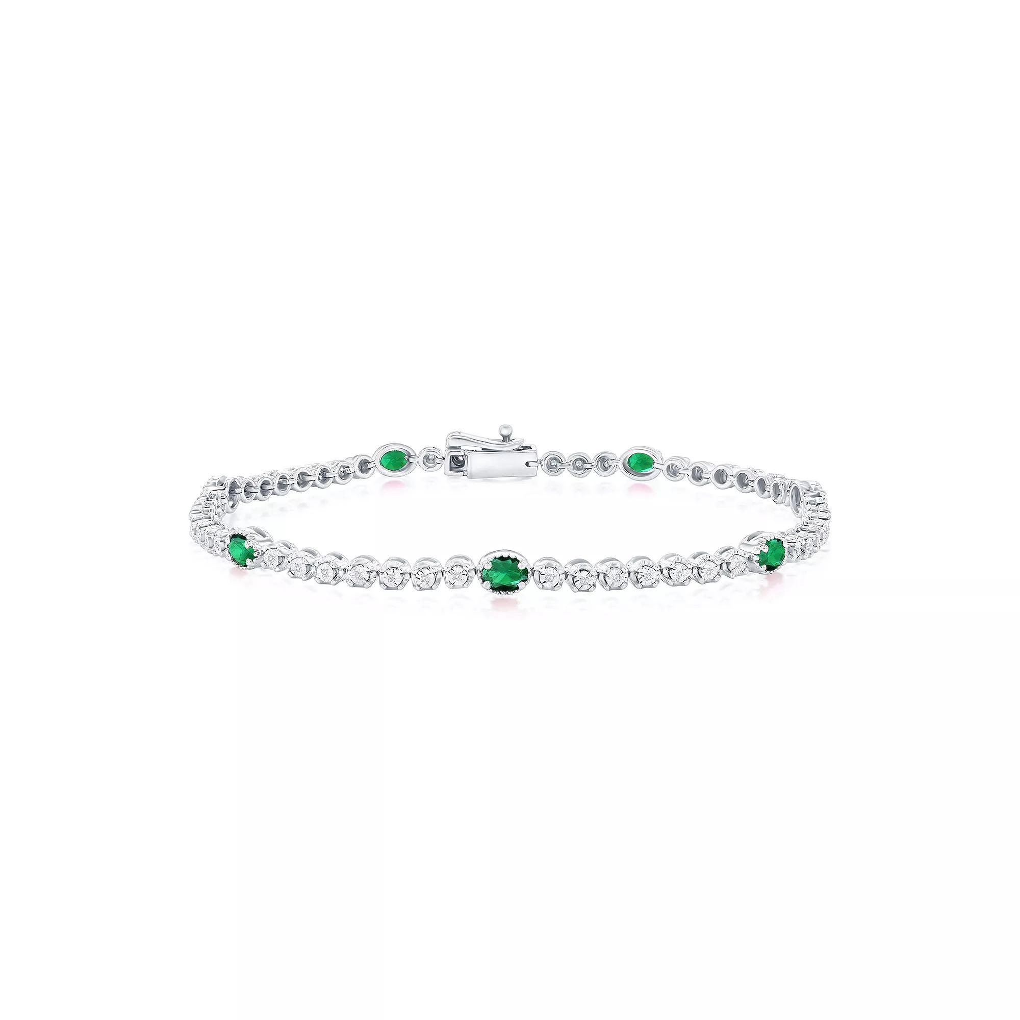 Divine Gold Sterling Silver Lab-Created Emerald & 1/10 Carat T.W. Diamond Tennis Bracelet, Women's, Size: 7.5" Product Image