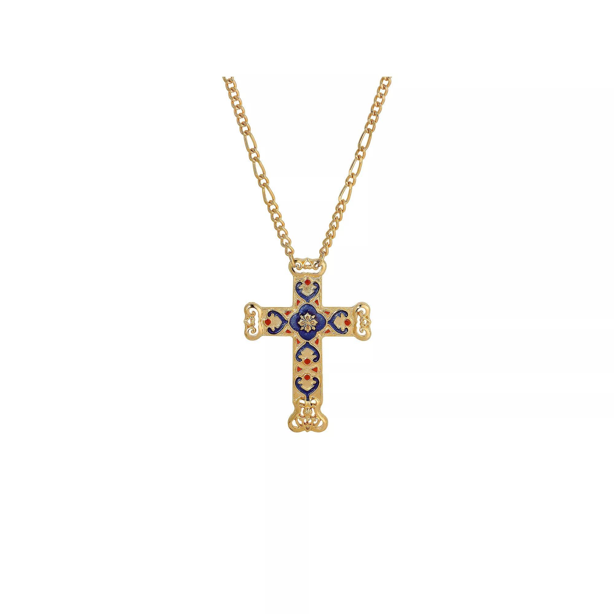 Symbols of Faith Enamel Blue & Red Cross Pendant Necklace, Womens, Silver Blue Product Image
