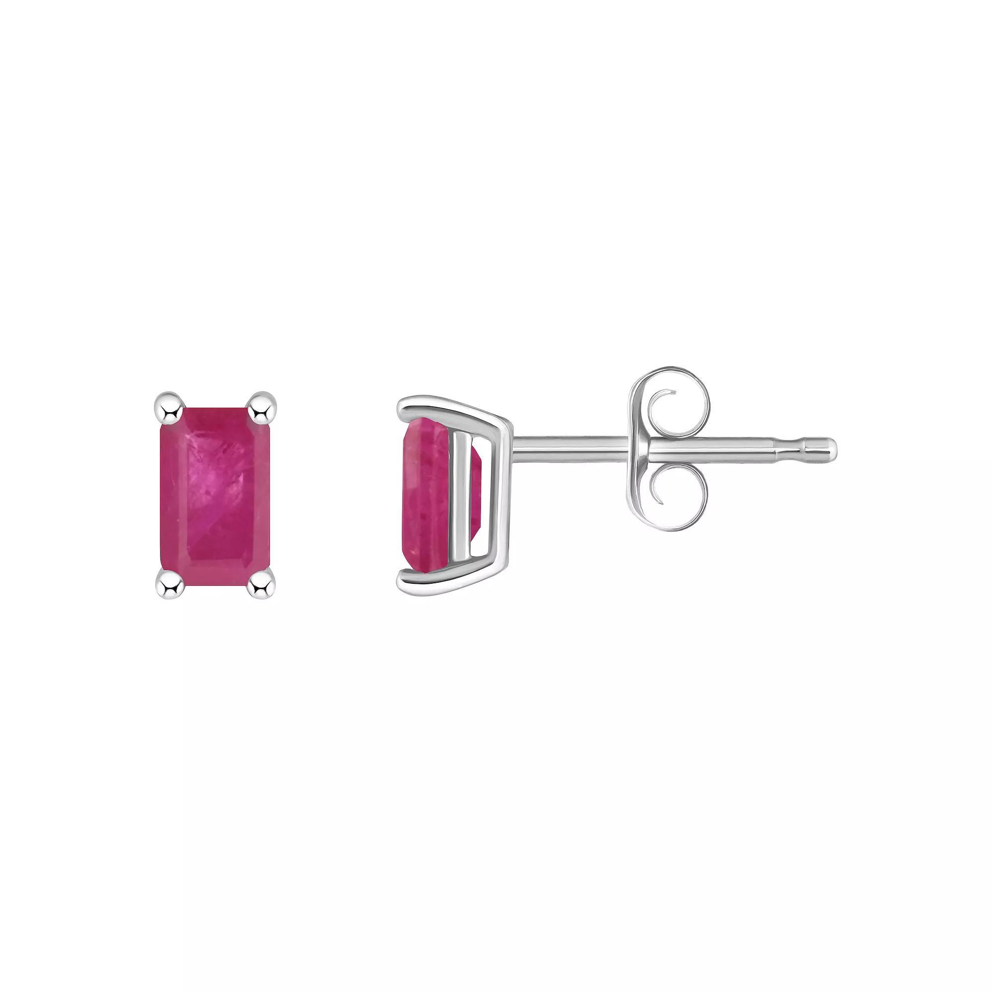 14k White Gold Emerald Cut Birthstone Stud Earrings, Women's, Red Jul Product Image