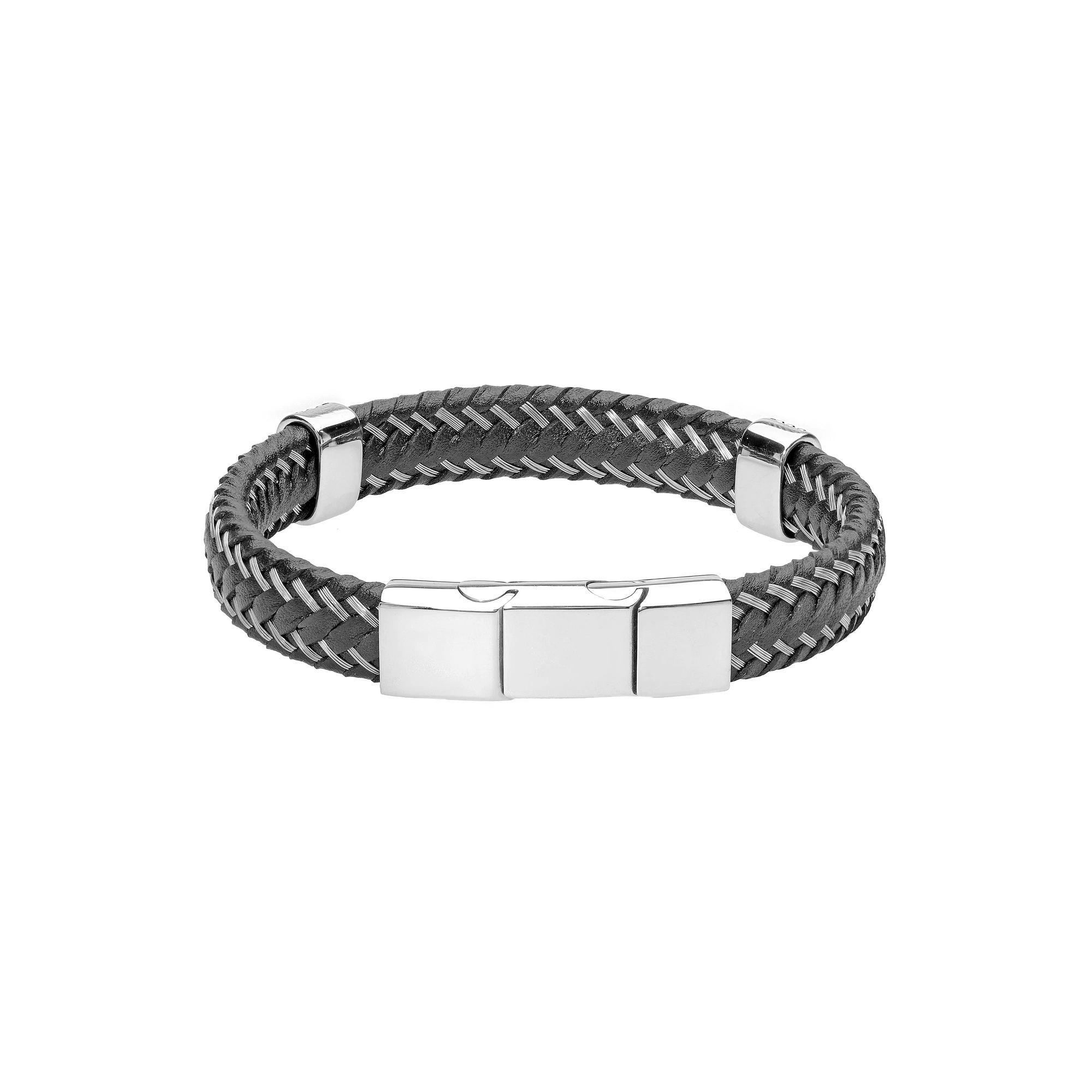Mens LYNX Stainless Steel & Braided Leather Bracelet, Men's, Size: 10", Black Product Image