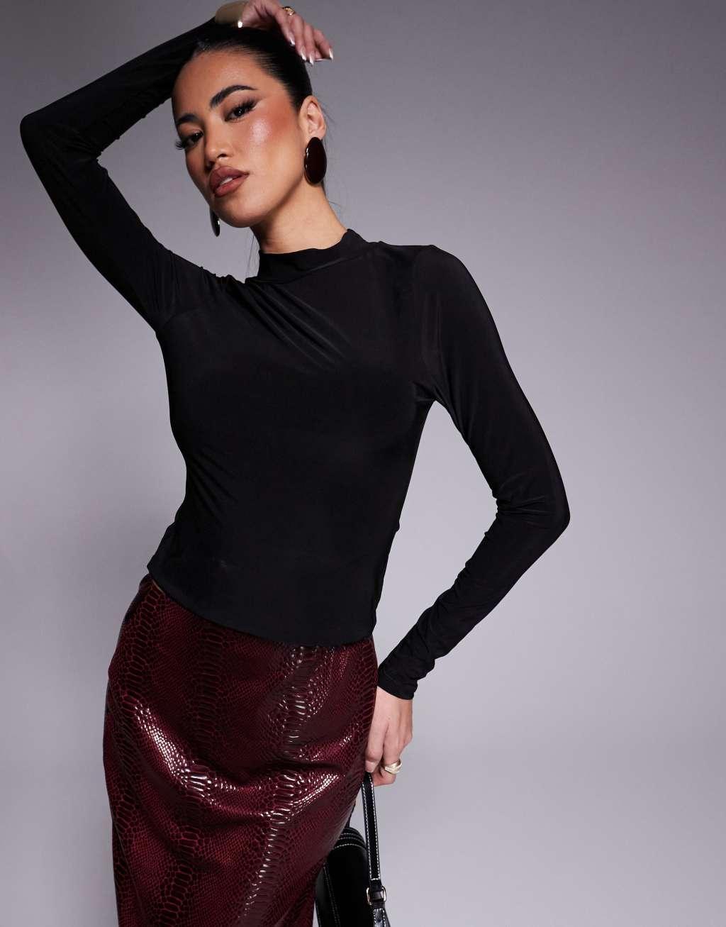 ASOS DESIGN slinky long sleeve top with lace back detail in black Product Image
