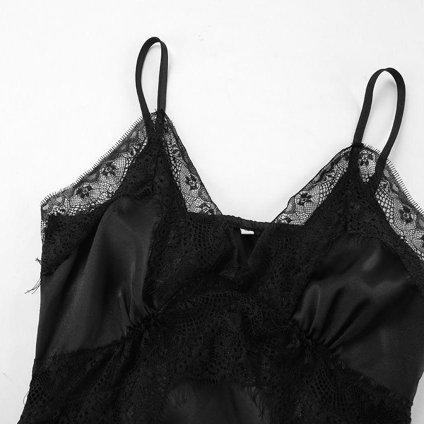 Spaghetti Strap V-Neck Plain Lace Panel Open Back Mini A-Line Dress Product Image