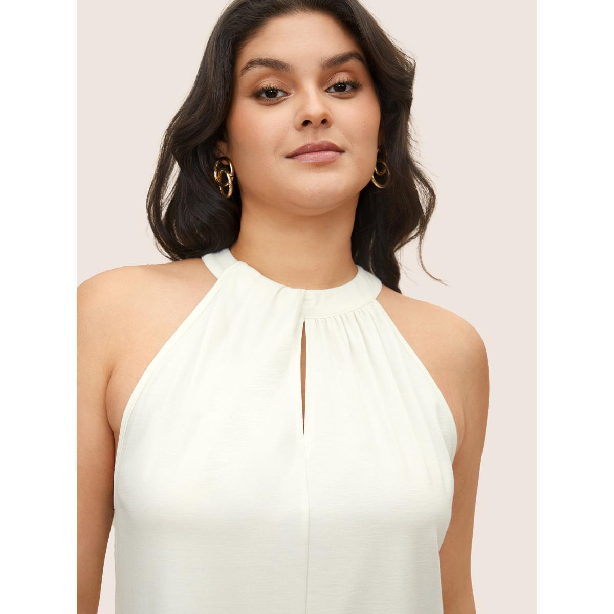 Plus Size Solid Stand Up Collar Gathered Tank Top Women White Elegant Button Stand-up collar Everyday Tank Tops Camis BloomChic 12/L Product Image