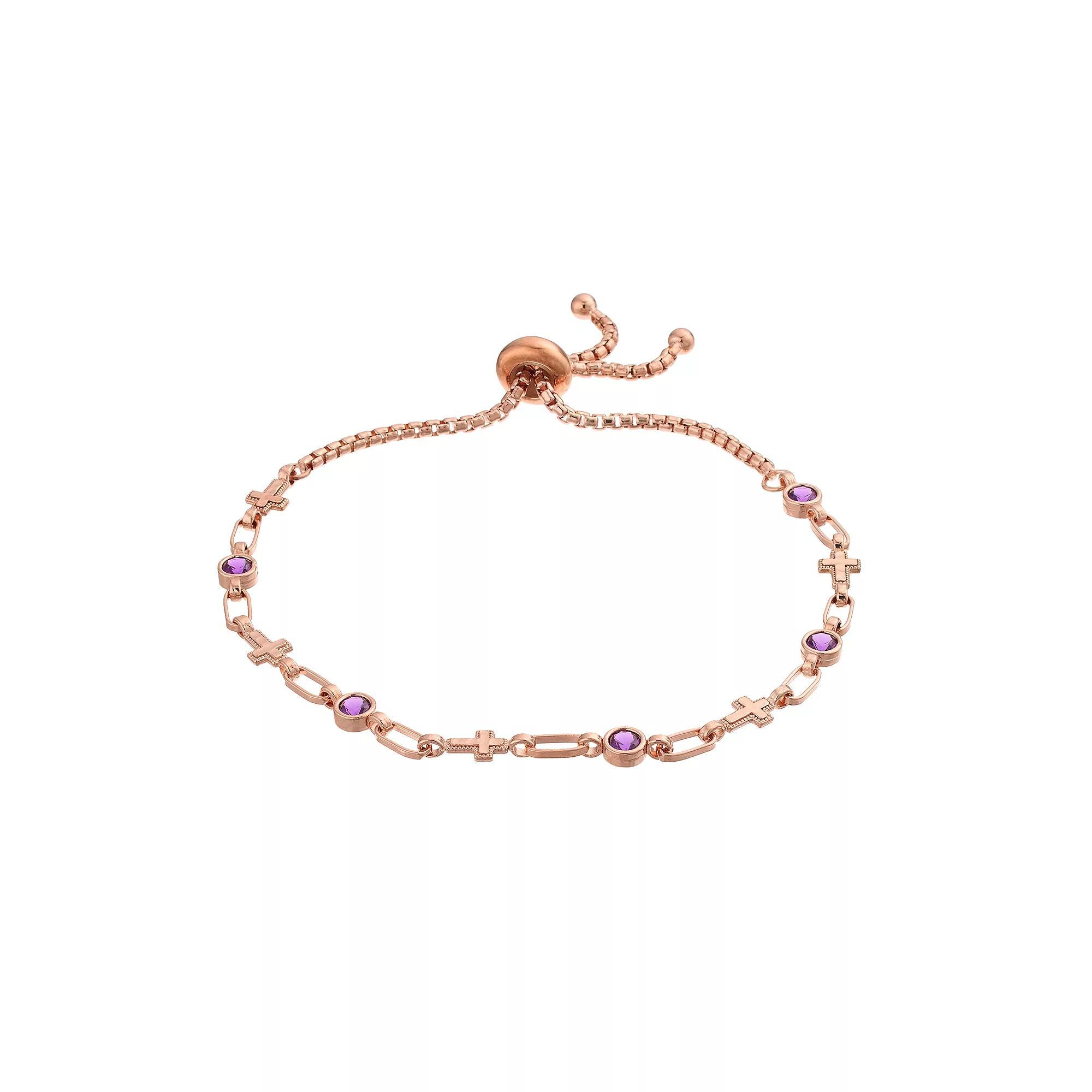 Kristen Kesho Sterling Silver Lab-Created Amethyst & Cross Link Adjustable Bolo Bracelet, Women's, Size: 9.50, Pink Tone Product Image