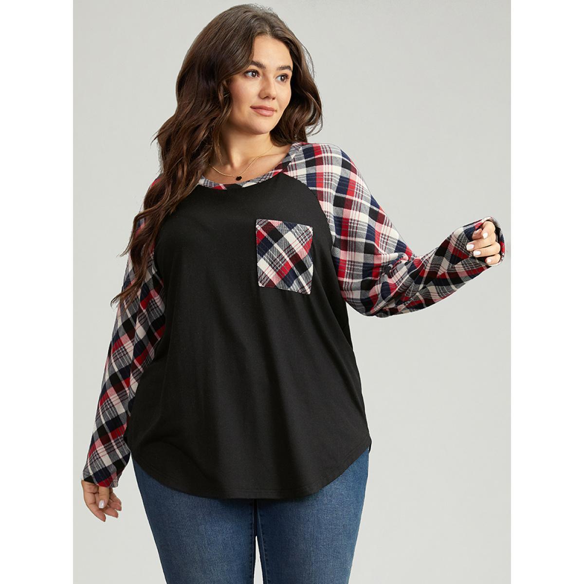 Plus Size Plaid Patched Pocket Raglan Sleeve T-shirt Black Women Casual Contrast Plaid Round Neck Festival-Christmas T-shirts BloomChic 14-16/1X Product Image