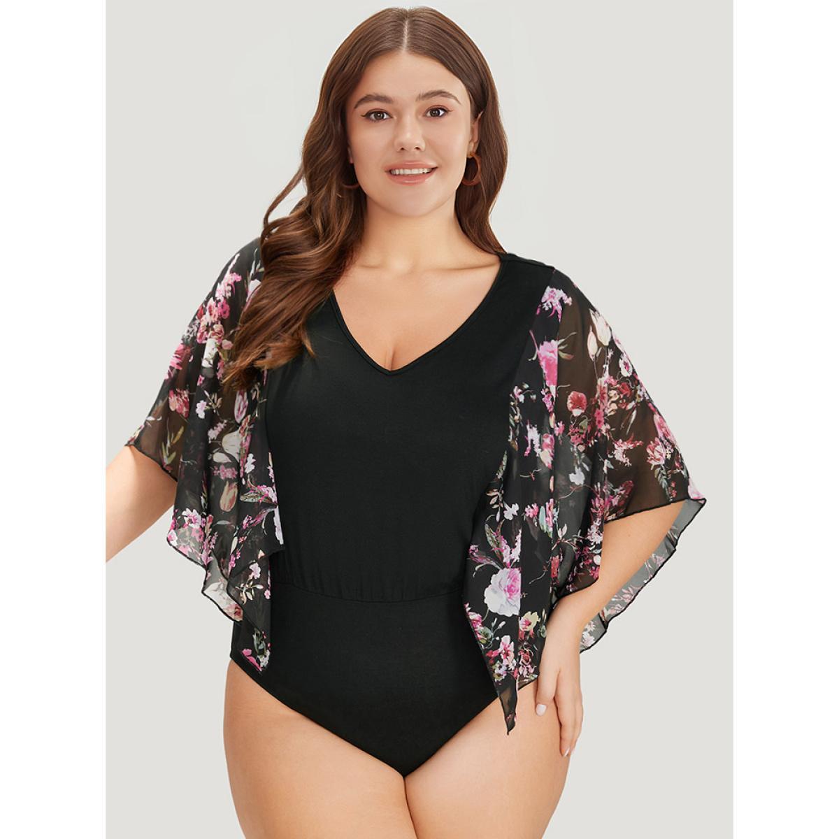 Plus Size Floral Print Patchwork Mesh Asymmetrical Sleeve Bodysuit Women Black Ditsy Floral Printed Bodysuits BloomChic 18-20/2X Product Image