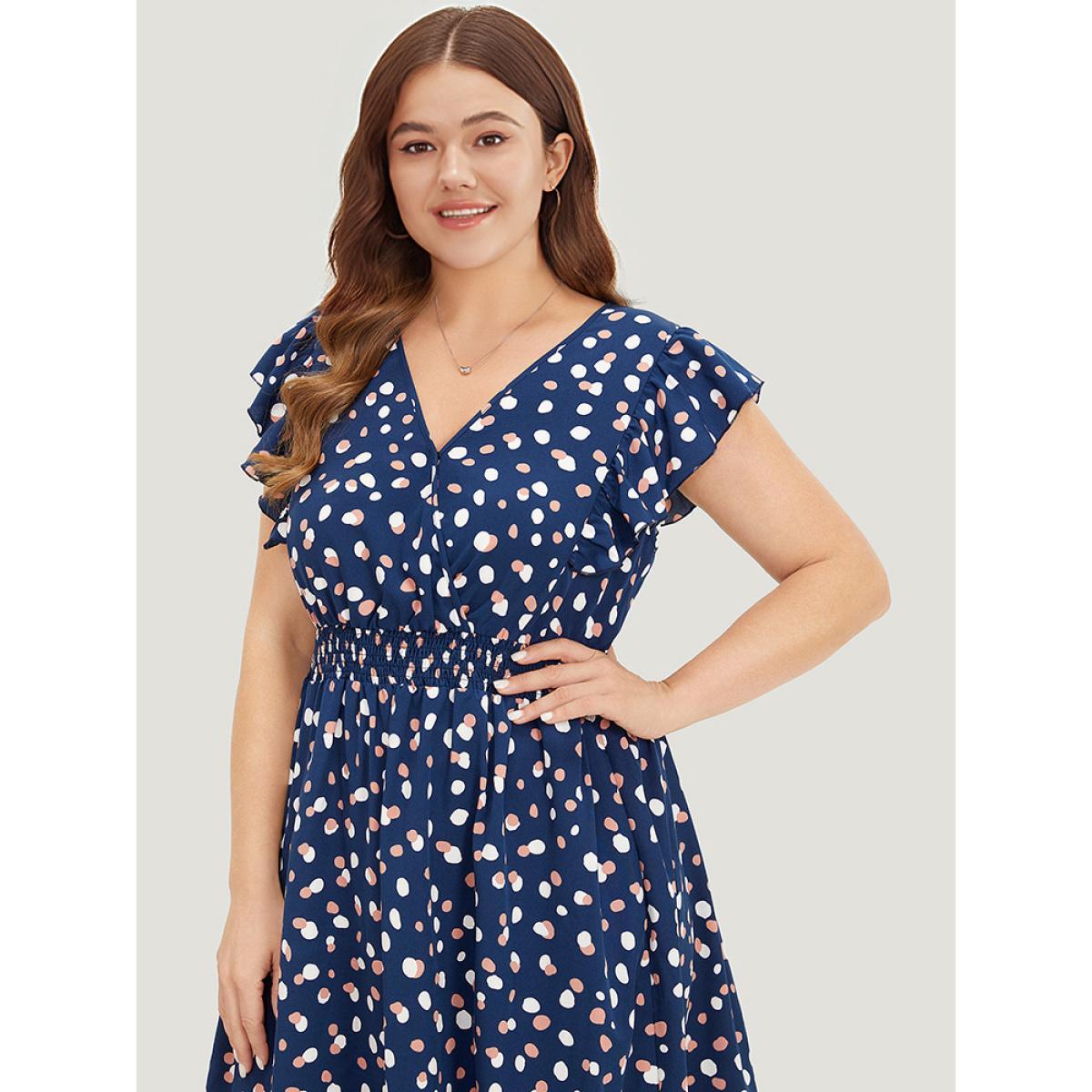 Plus Size Allover Print Pocket Wrap Flutter Cap Sleeve Dress DarkBlue Women Office Wrap V-neck Sleeveless Curvy Midi Dress BloomChic 12/L Product Image
