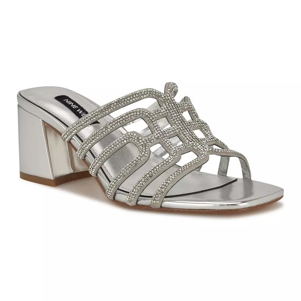 Nine West Grassa Women's Slip-On Block Heel Embellished Dress Sandals, Size: 8.5, Silver Product Image