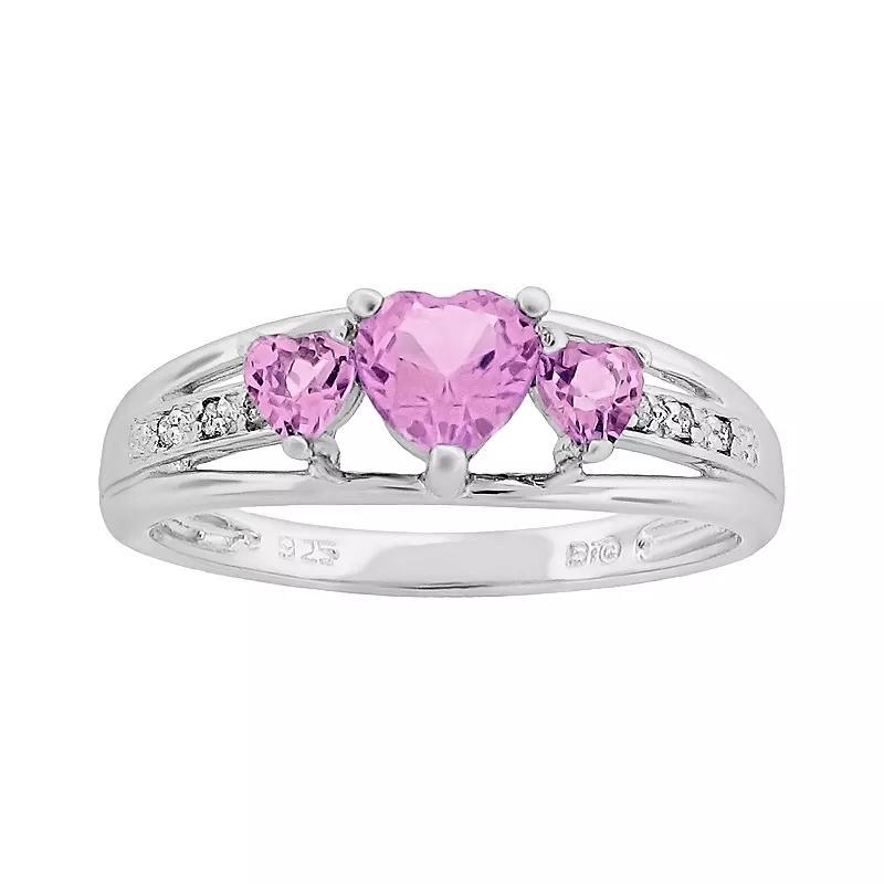 Gemminded Sterling Silver Lab-Created Pink Sapphire and Diamond Accent Heart 3-Stone Ring, Women's, Size: 8, Pink Blue Product Image
