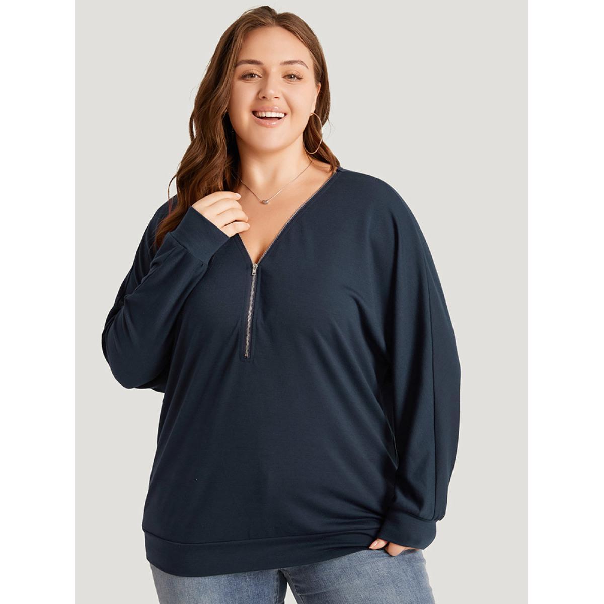 Plus Size Plain Zipper Half Elastic Cuffs Batwing Sleeve Sweatshirt Women Indigo Casual Elastic cuffs V-neck Dailywear Sweatshirts BloomChic 30/6X Product Image