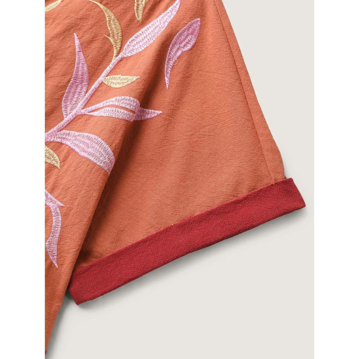 Plus Size Cotton Leafy Embroidery Color Contrast Midi Dress OrangeRed Women V-neck Short sleeve Curvy BloomChic 18-20/2X Product Image