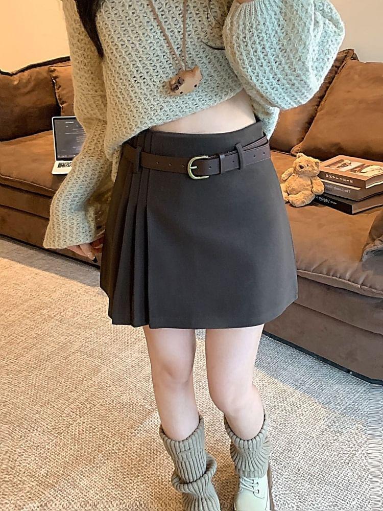 Set: High Waist Plain Pleated Mini A-Line Skirt + Belt Product Image