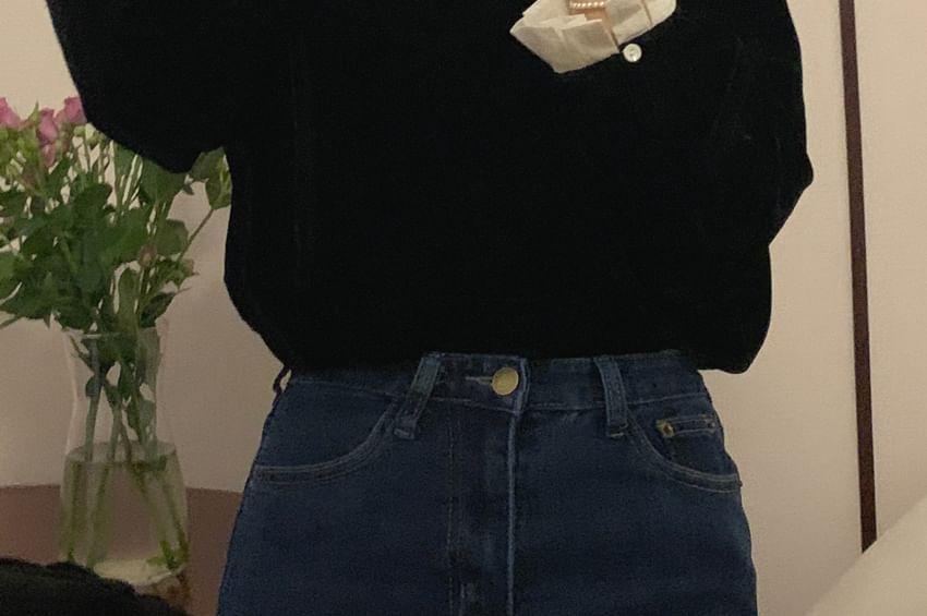 Long Sleeve Collared Two Tone Pleated Panel Velvet Blouse Product Image